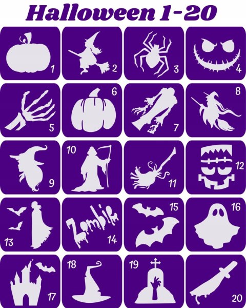 HALLOWEEN / ANDRZEJKI 1-20- szablony do tatuaży brokatowych