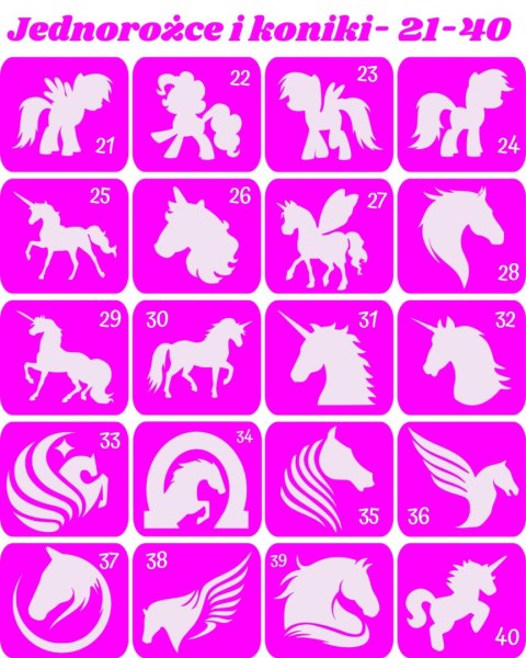 JEDNOROŻCE I KONIKI 21-40 - szablony do tatuaży brokatowych