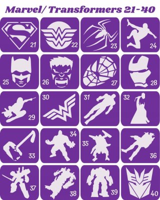 MARVEL I TRANSFORMERS 21-40 - szablony do tatuaży brokatowych