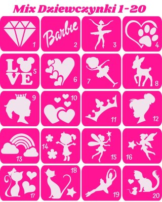 MIX DZIEWCZYNKI 1-20- szablony do tatuazy brokatowych