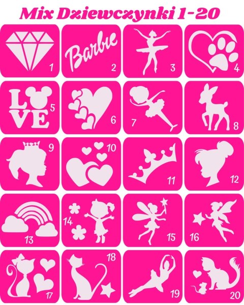 MIX DZIEWCZYNKI 1-20- szablony do tatuazy brokatowych