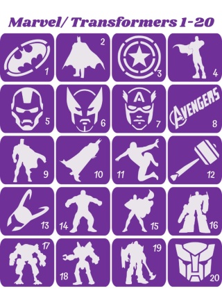MARVEL I TRANSFORMERS 1-20 - szablony do tatuaży brokatowych