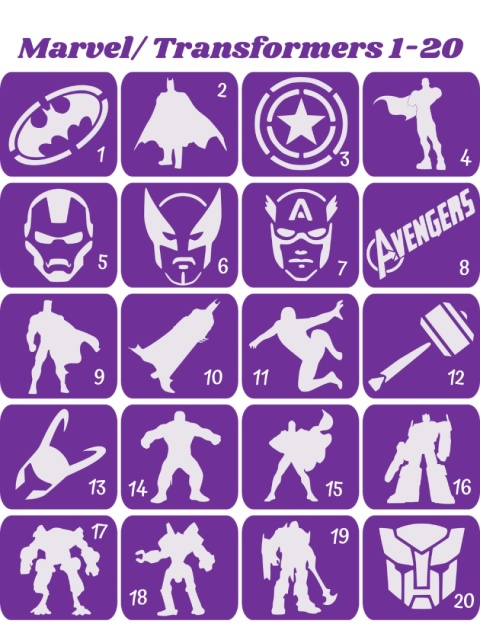 MARVEL I TRANSFORMERS 1-20 - szablony do tatuaży brokatowych