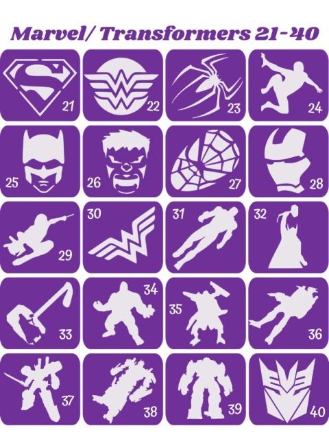 MARVEL I TRANSFORMERS 21-40 - szablony do tatuaży brokatowych